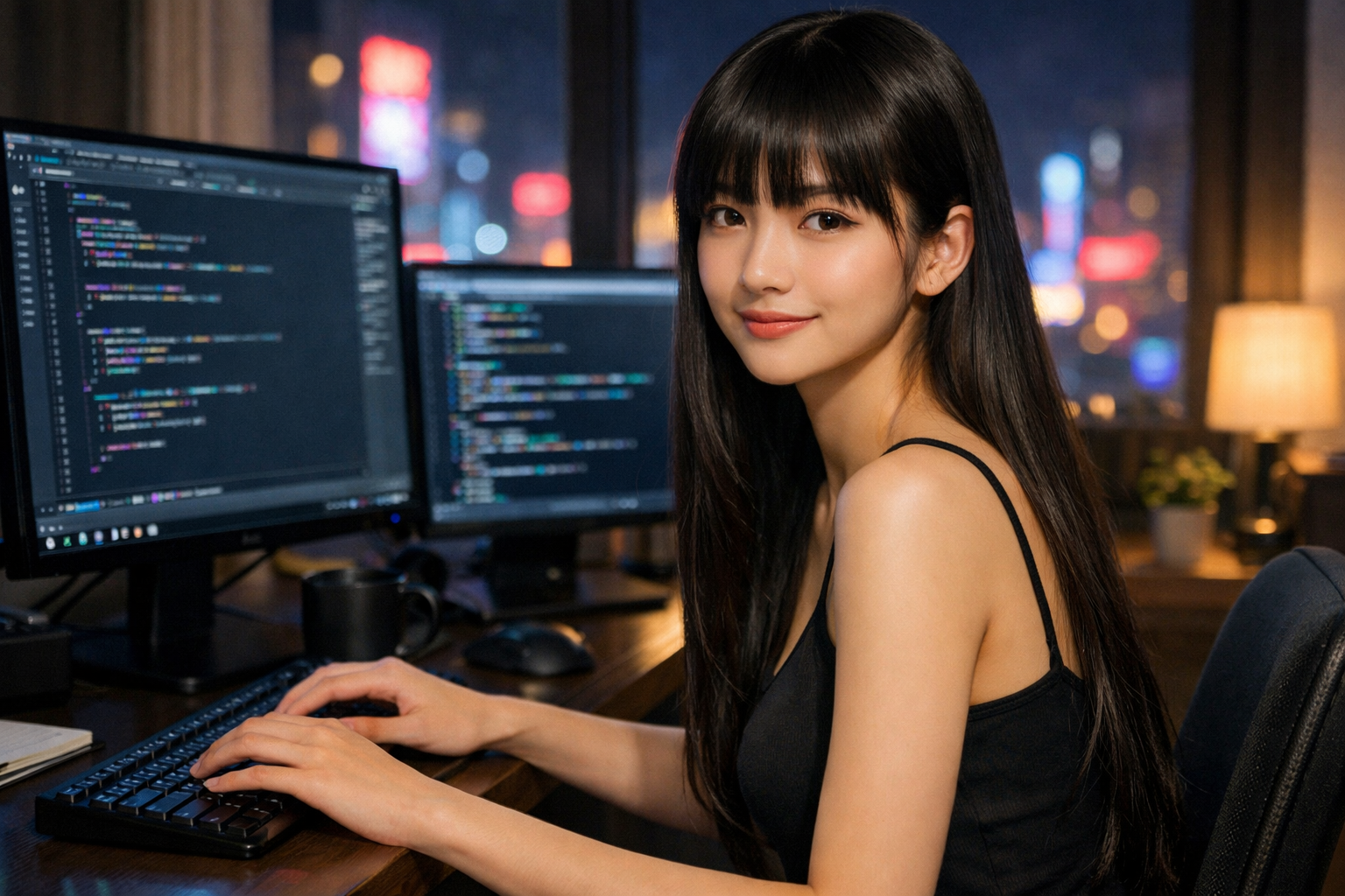 女性が自宅で夜にプログラミングしている